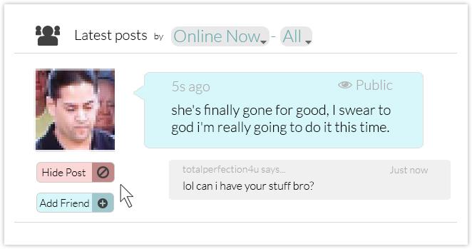 A public feed, “Latest posts by Online Now,” with a pixelated profile photo and Hide Post and Add Friend buttons beside a public post from five seconds ago: “she’s finally gone for good, I swear to god i’m really going to do it this time.” The first reply: “lol can i have your stuff bro?”