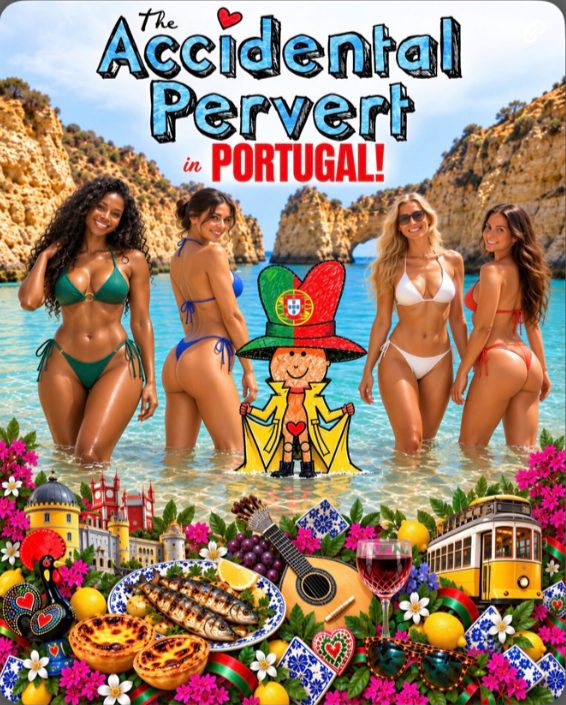 An AI-generated ad: four women in bikinis standing in turquoise water in front of Portuguese cliffs, a cartoon flasher in a Portuguese-flag hat, and a border of custard tarts, sardines, trams and tiles, under the title The Accidental Pervert in Portugal!