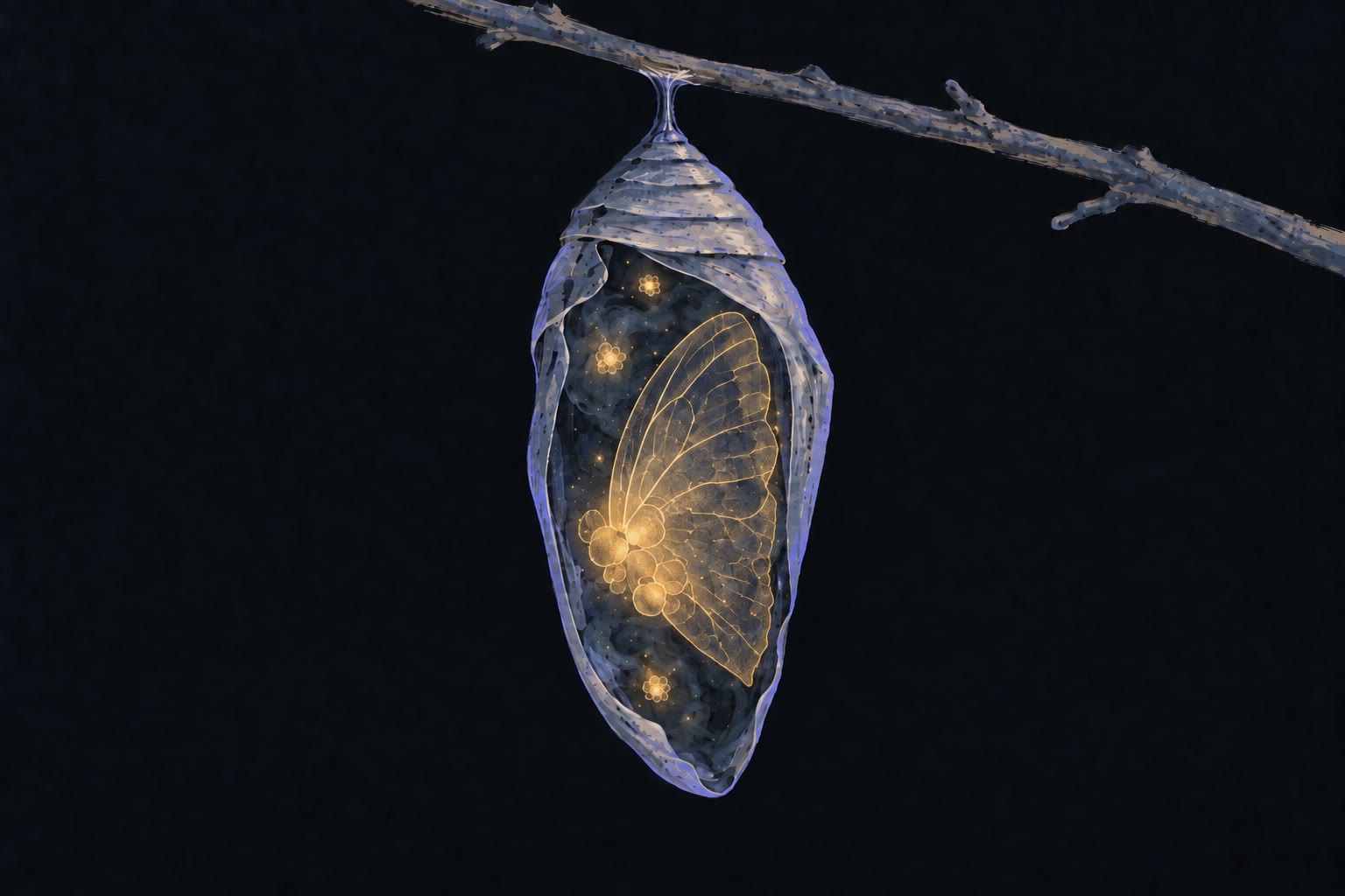 A chrysalis hanging from a bare twig, cut away to show the inside: dark, cloudy fluid, a few small clusters glowing gold, and the faint outline of a wing forming around the largest.