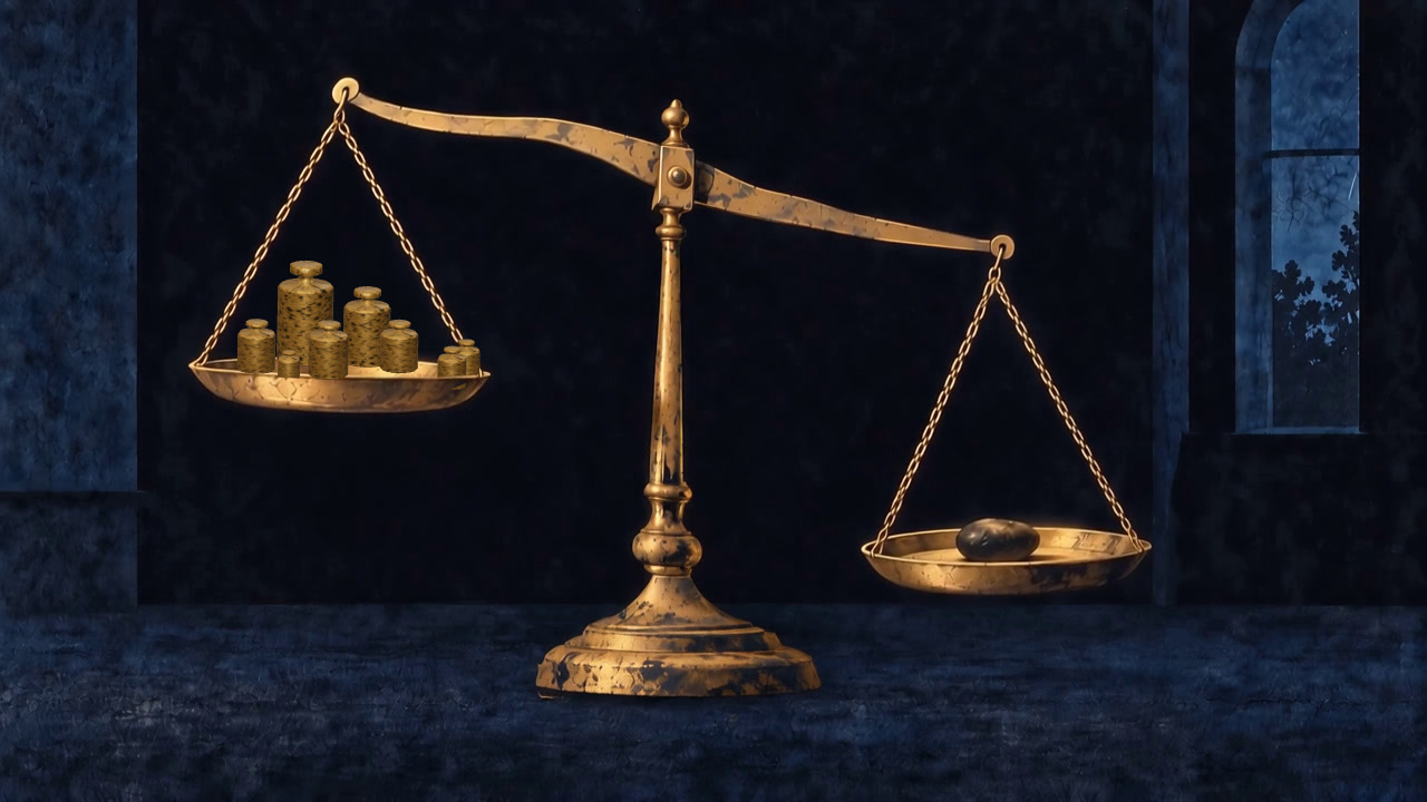 An old brass balance: a black stone already pulls the right pan far below the brass weights on the left. A golden butterfly lands on the stone; its pan plunges onto the floor, the beam takes a slight bend, and two weights tumble away.