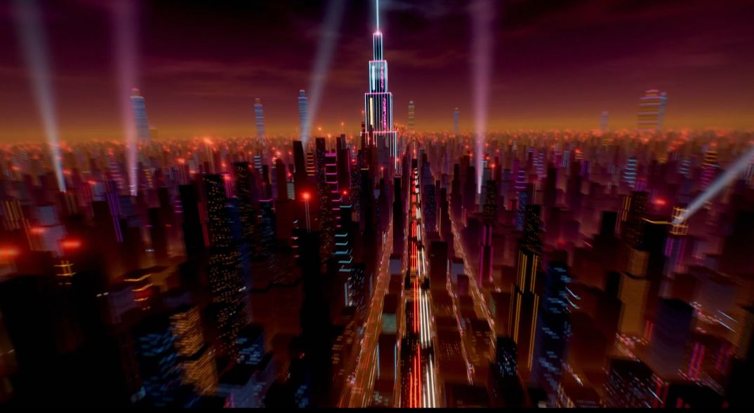 A neon city at dusk with searchlights and a glowing central tower