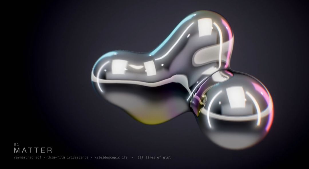 A chrome, bubble-like blob with rainbow reflections on a dark background