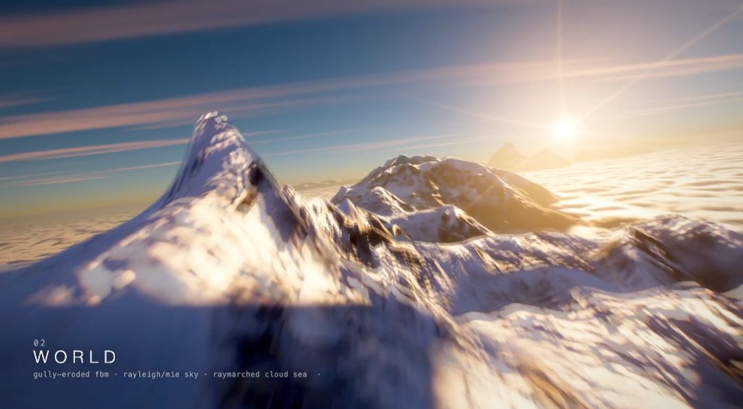 Flying low over a snowy mountain ridge above a sea of clouds at sunrise