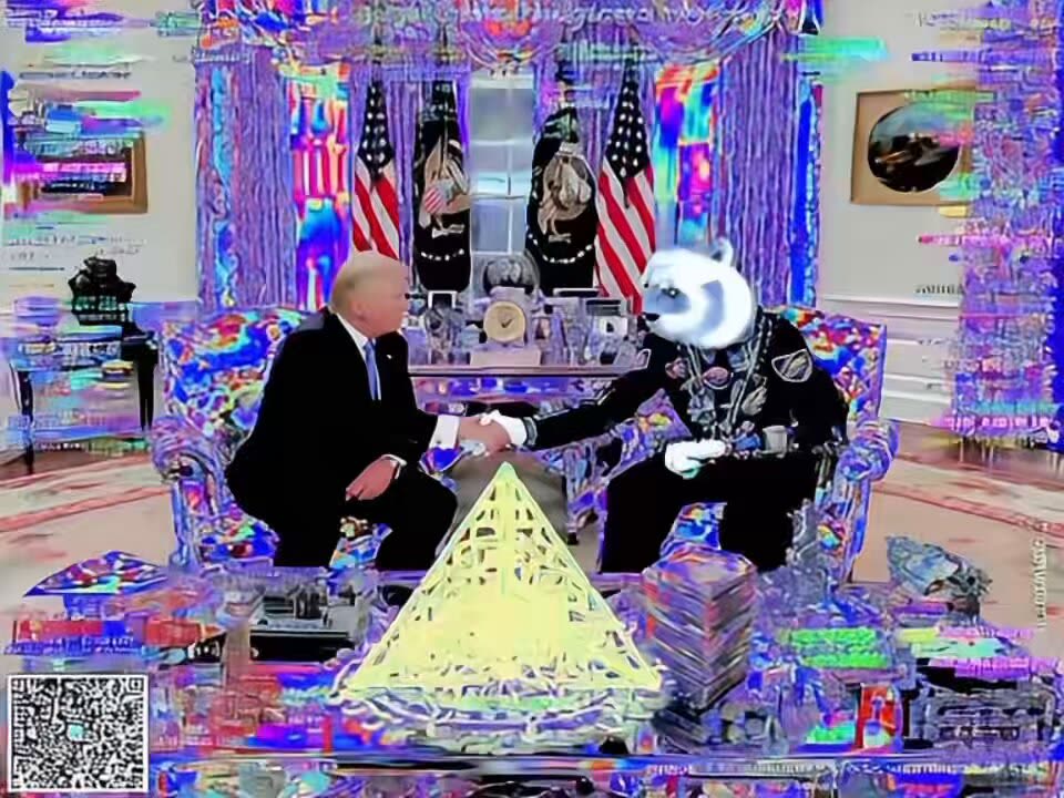 A glitchy, over-saturated scene styled like the Oval Office, with flags behind a desk. A man in a dark suit shakes hands with a figure with a panda's head in a decorated dark jacket. A glowing yellow pyramid sits on the table between them, and a small QR code is in the bottom left corner.