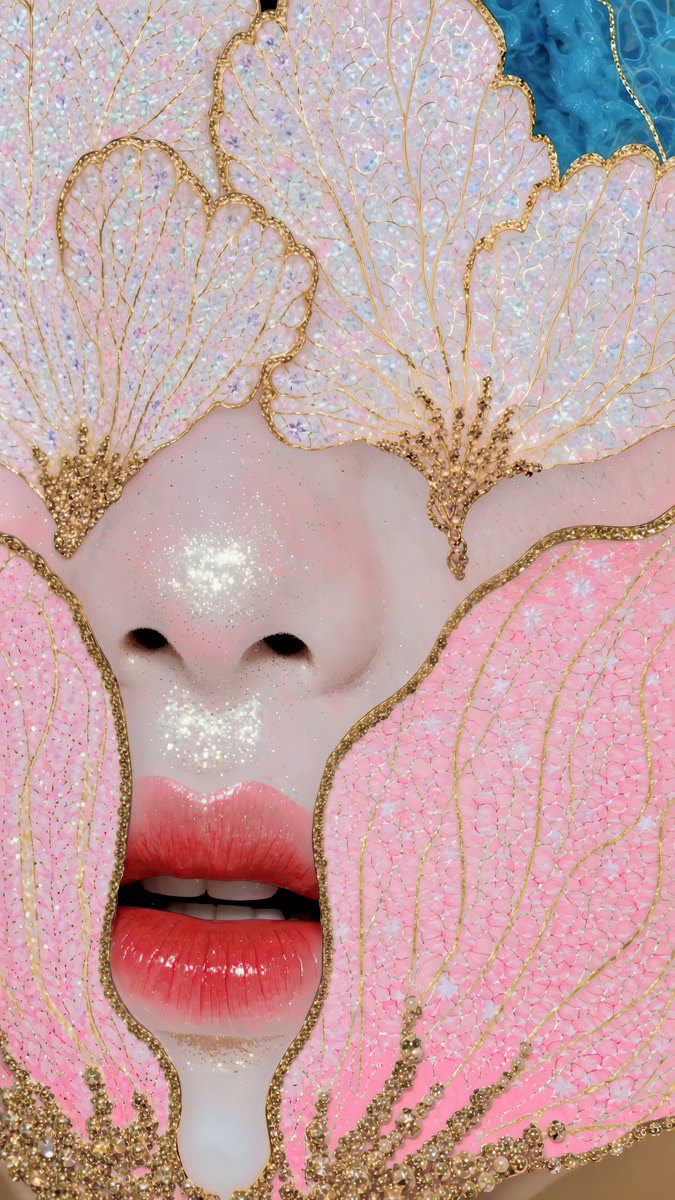 Close-up of a pale face showing only the nose and glossy red lips, framed by pink and pearly white petals edged and veined in gold, with gold beads and glitter on the skin and a patch of blue at the top corner.
