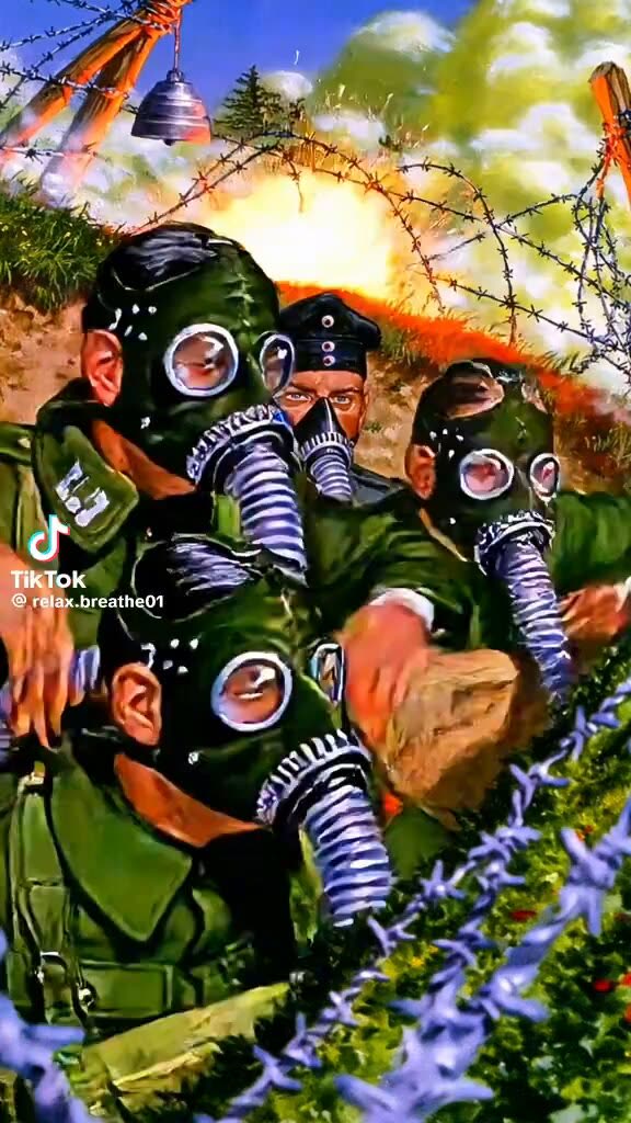 A painted, exaggerated scene of soldiers in green uniforms and large gas masks with ribbed hoses, crouched among barbed wire under a yellow-white explosion glow, with a TikTok watermark for @relax.breathe01.