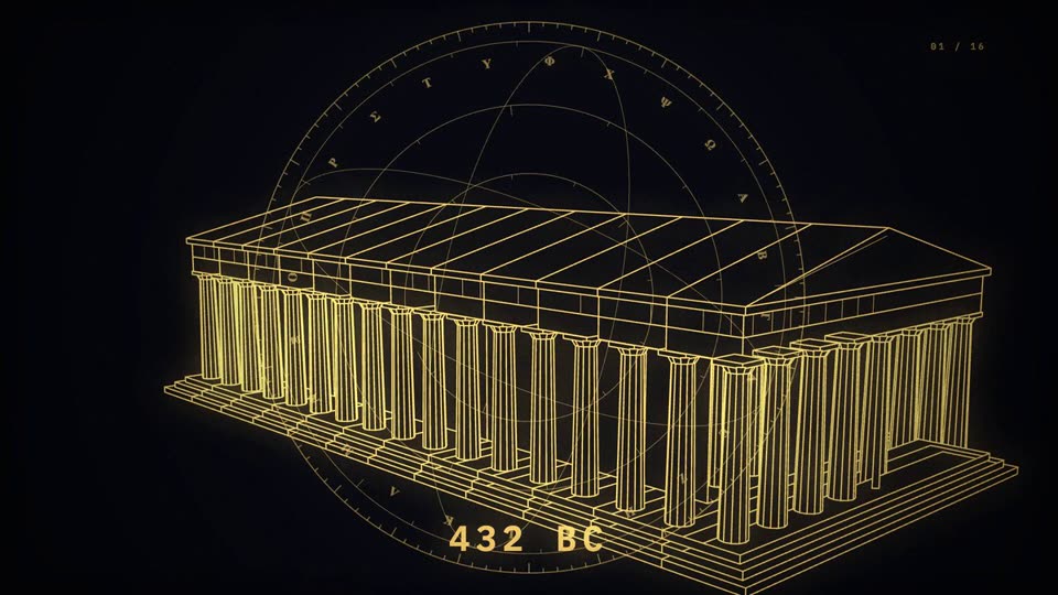 A glowing gold wireframe drawing of a Greek temple with rows of columns, on a black background, with a faint circle of Greek letters behind it. The caption reads 432 BC and a counter in the corner reads 01 / 16.