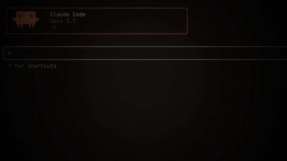 A dark screen showing the Claude Code start screen: a small orange pixel-art creature, the words "Claude Code", "Opus 5.5" and "~/", and an empty prompt box with "? for shortcuts" beneath it.