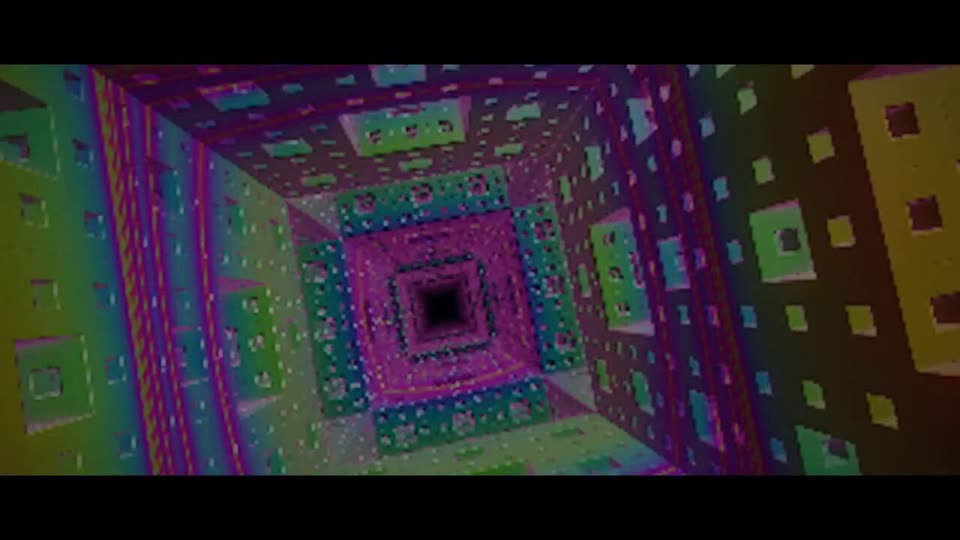 A video still looking down a tunnel of nested squares with square holes cut in the walls, glowing in green, pink, purple and yellow, with a dark square at the far end.