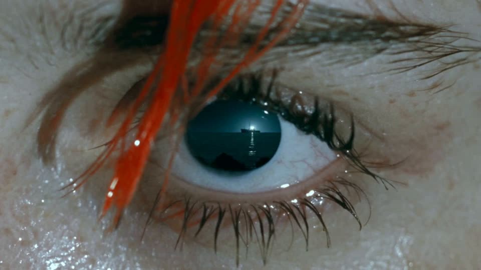 Extreme close-up of a human eye with wet lashes and a strand of bright orange-red hair across it. In the dark pupil is a tiny reflection of a ship on a night sea under a bright light.