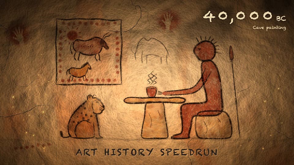 A warm, textured cave-wall scene labelled 40,000 BC, Cave painting. A simple red-brown figure sits on a rock at a stone table with a steaming cup, a spear behind them. A spotted cat sits at left, painted animals are framed on the wall, and the words Art History Speedrun run along the bottom.