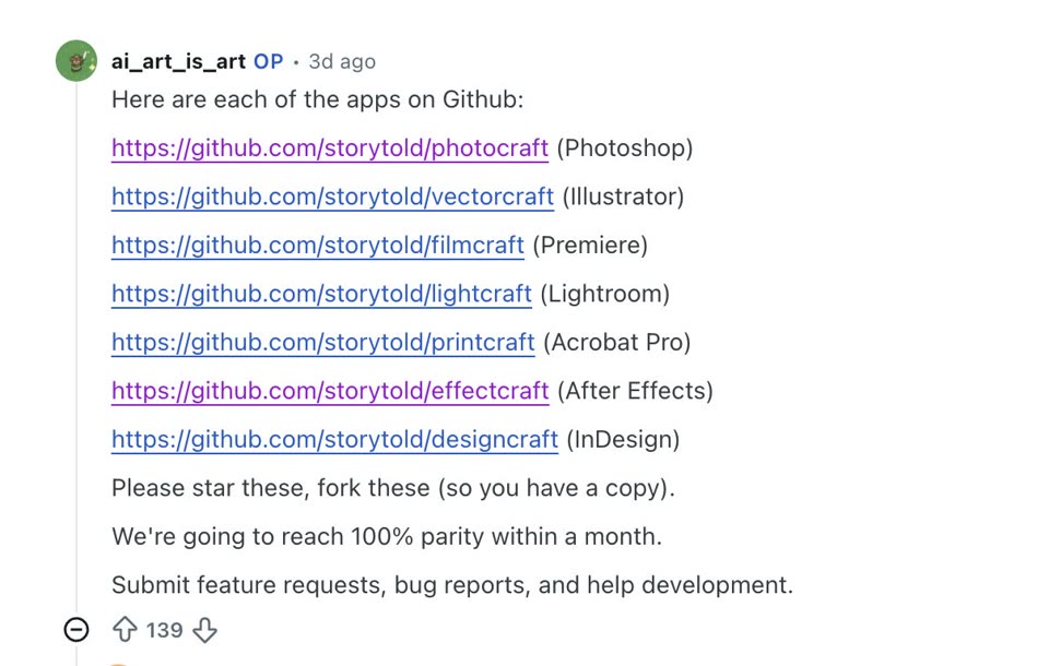 A Reddit comment from ai_art_is_art, marked OP, listing seven GitHub project links: photocraft (Photoshop), vectorcraft (Illustrator), filmcraft (Premiere), lightcraft (Lightroom), printcraft (Acrobat Pro), effectcraft (After Effects) and designcraft (InDesign). It asks readers to star and fork them and says they will reach 100% parity within a month.