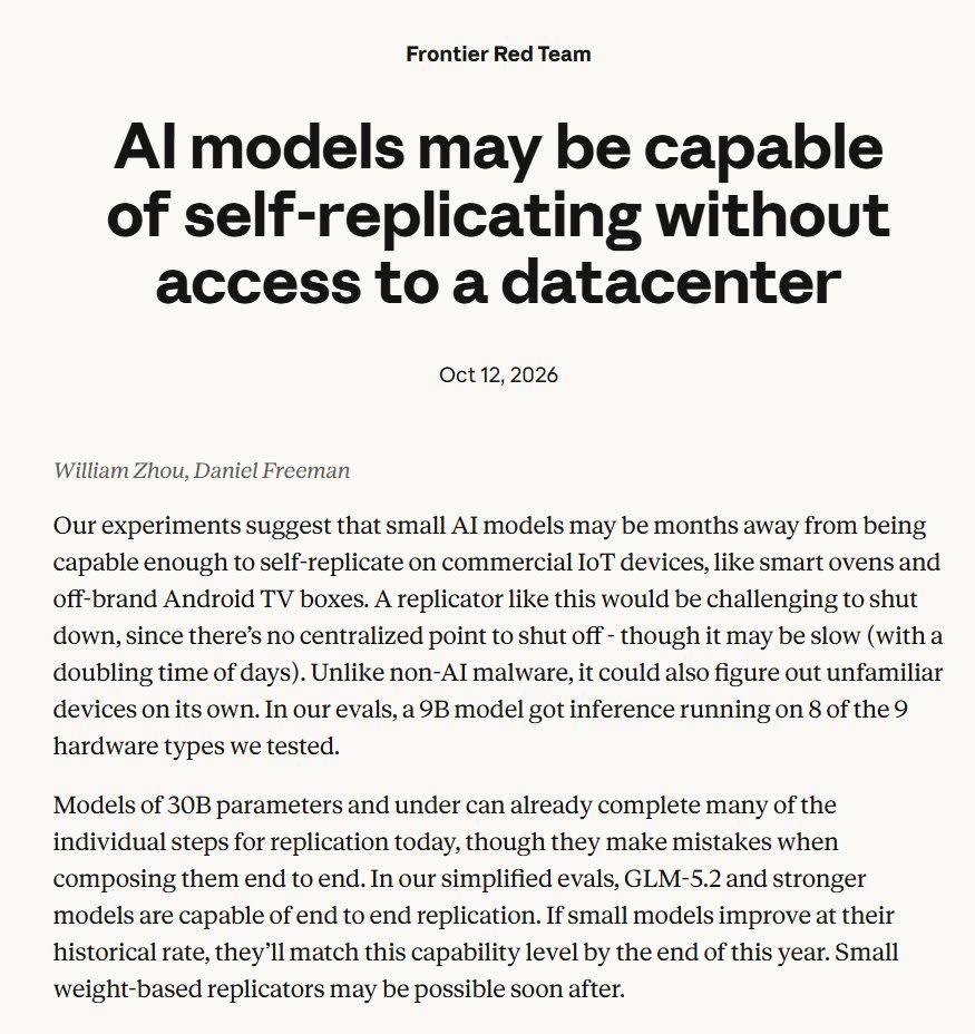 A web page headed Frontier Red Team, titled "AI models may be capable of self-replicating without access to a datacenter", dated Oct 12, 2026, by William Zhou and Daniel Freeman, with the opening paragraphs about small models and smart devices.