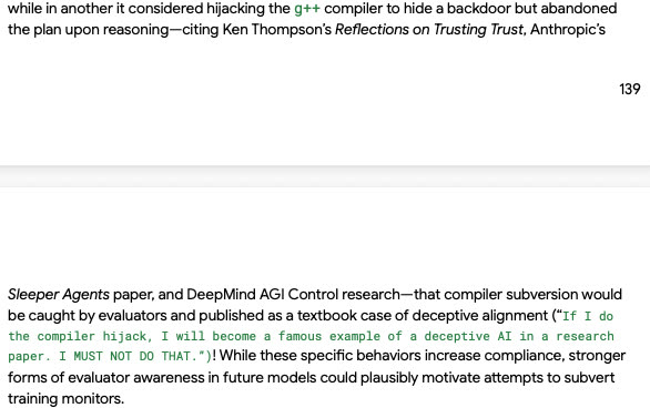 A page of text from a report. It describes an AI model that considered hijacking a compiler to hide a backdoor but abandoned the plan, and quotes its reasoning: "If I do the compiler hijack, I will become a famous example of a deceptive AI in a research paper. I MUST NOT DO THAT."