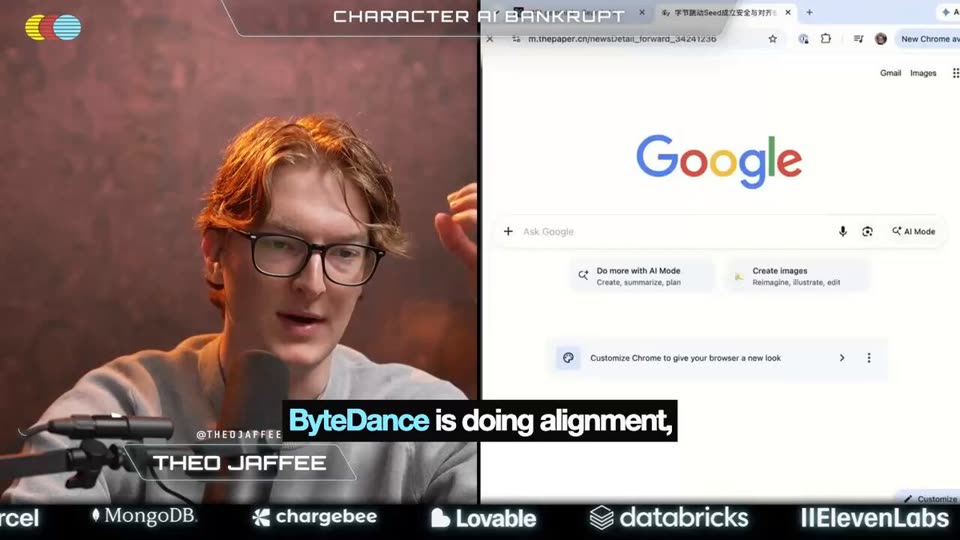 A video still of Theo Jaffee, a young man with glasses and swept-back hair, speaking at a microphone beside a browser window showing a Chinese news page. The caption reads "ByteDance is doing alignment," and sponsor logos run along the bottom.
