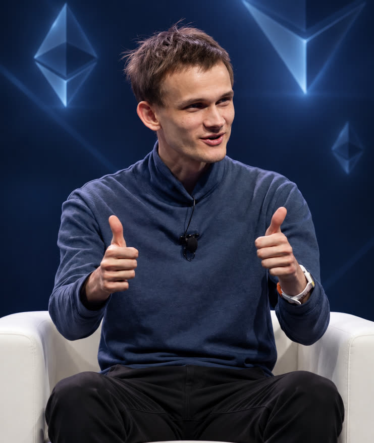 A man with short brown hair in a dark blue sweater sits on a white couch, smiling and giving two thumbs up. Glowing blue Ethereum diamond logos fill the dark background behind him.