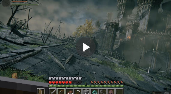 Elden Ring's gloomy ruined castle and grey sky, with Minecraft's hearts, hunger bar and item hotbar along the bottom of the screen.
