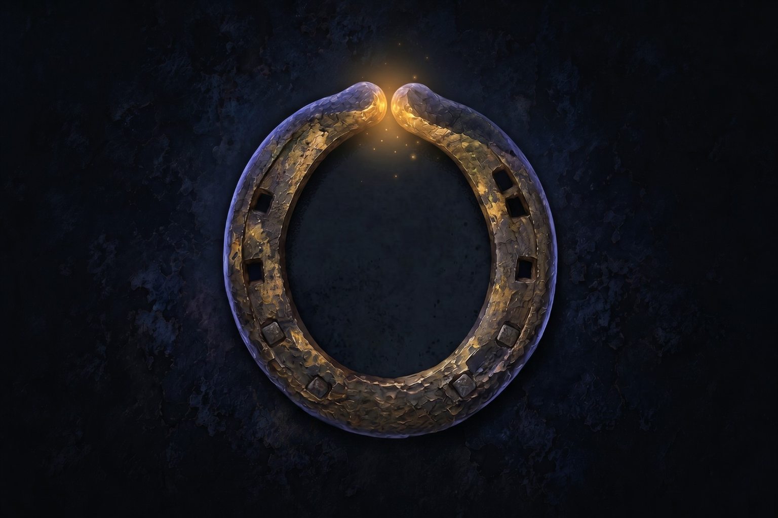 An old hand-forged horseshoe, hammered and pitted, with patches of old gold and a violet edge, hung ends-up on a dark plaster wall. Its two tips curl inward until they almost meet at the top, and a small warm glow fills the gap between them, with a few sparks rising. Two square nail heads sit flush in its lowest holes on each side.