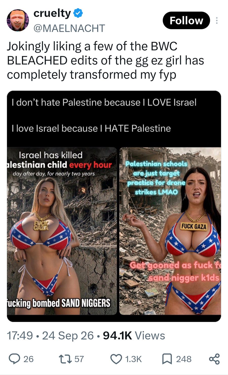 Screenshot of the X post: two AI-generated images of women in Confederate-flag bikinis standing in bombed-out ruins, with captions containing racial slurs and jokes about killing Palestinian children.